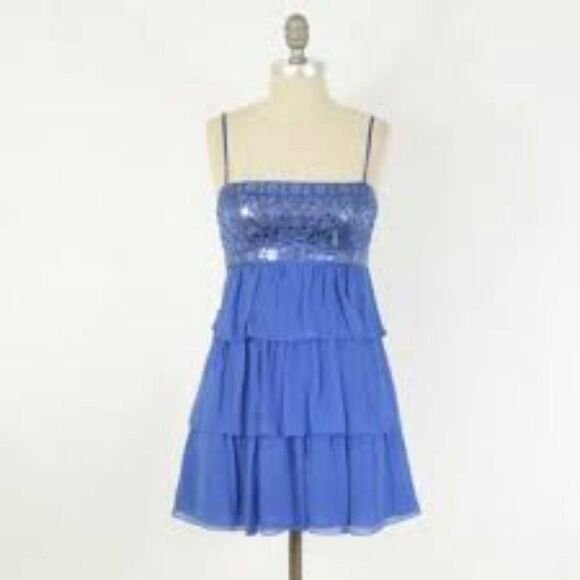 SILK BCBGMAXAZRIA ROYAL BLUE TIERED MINI DRESS/TUNIC W/ MIRRORED EMBELLISH SZ 4 - Picture 1 of 9